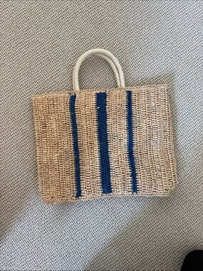 Woven Straw Tote with Blue Stripe Accents